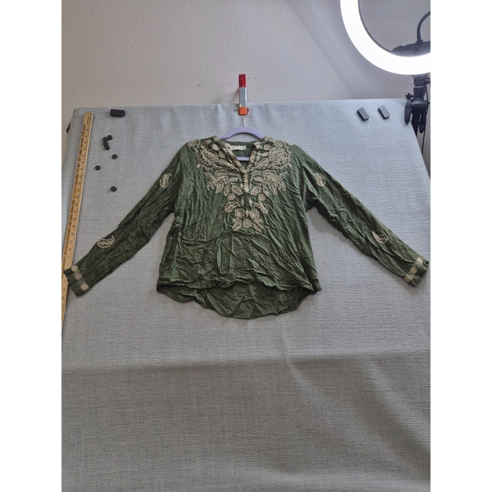 Vintage Goa Blouse Top Womens Medium Green Embroidered Floral Boho Split Neck